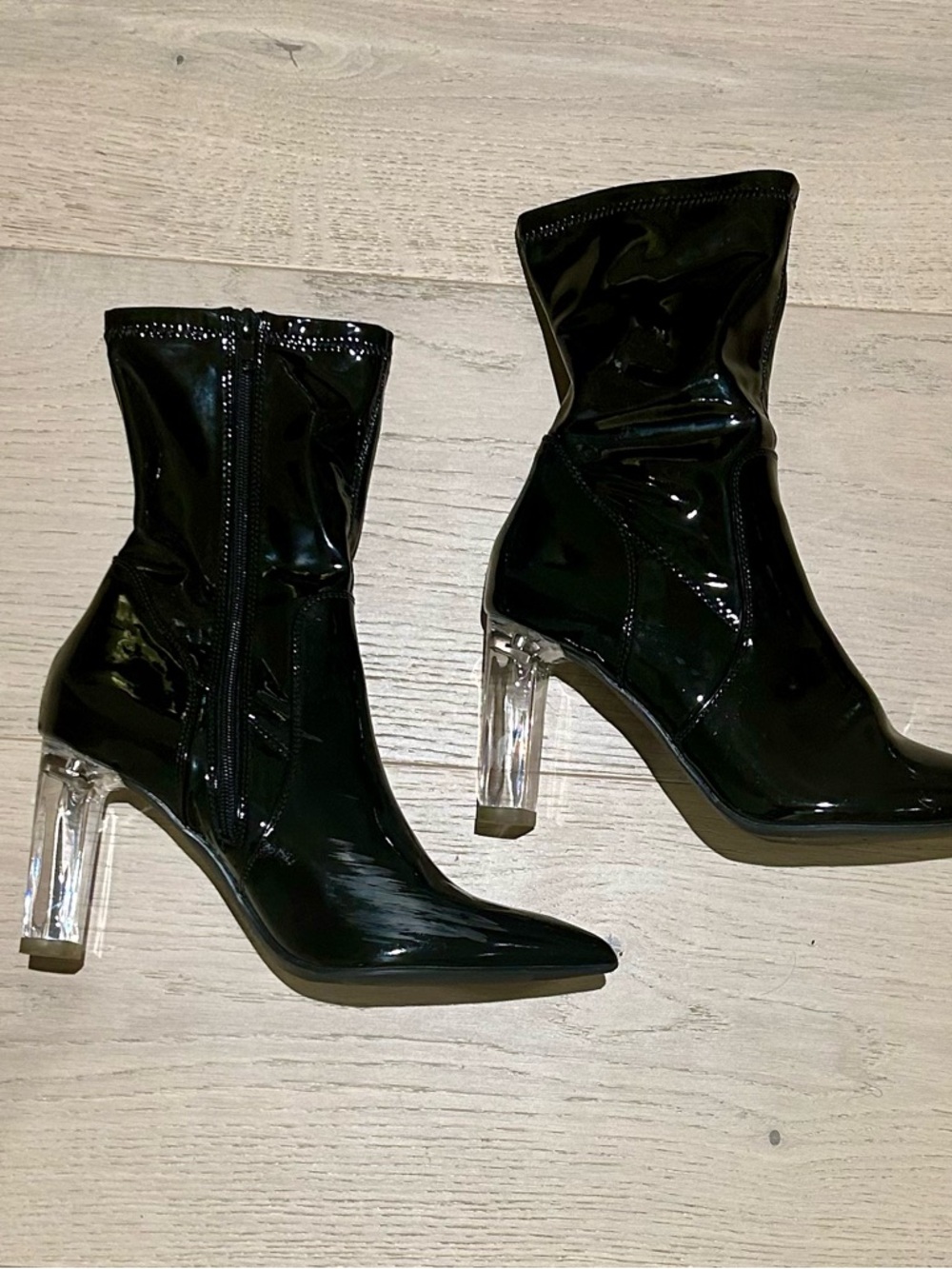 Women’s Patent Pointed-Toe Ankle Boots with Clear Block Heel - Black